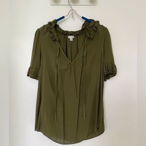 Odille Olive Ruffle Tie-Front V-Neck Blouse